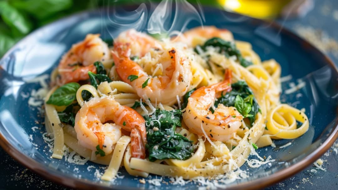 Makaron z krewetkami i szpinakiem: Morze smaków w domu